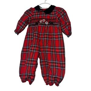 Vtg good lad Red Plaid flannel Baby girl smocked Scottie dog Romper 6/9m